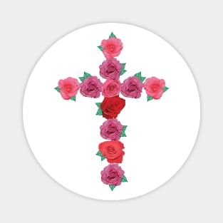 Floral Pink and Red Roses Flower Cross with Green Leaves Magnet